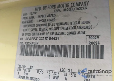 2001 Ford Focus Zx3 from USA, damaged, VIN 3FAFP31331R104439